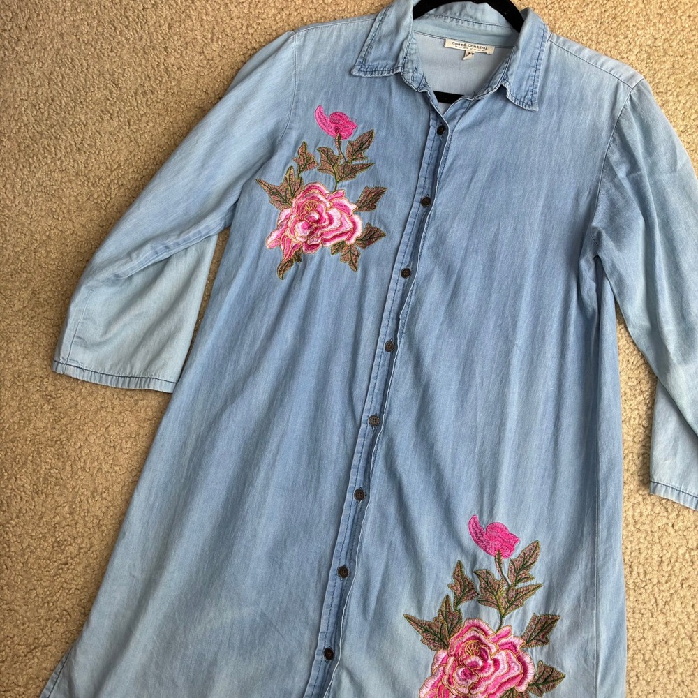 Embroidered Rose Denim Tunic Shirt Dress Blue Y2K Boho Cotton Grandmacore Medium